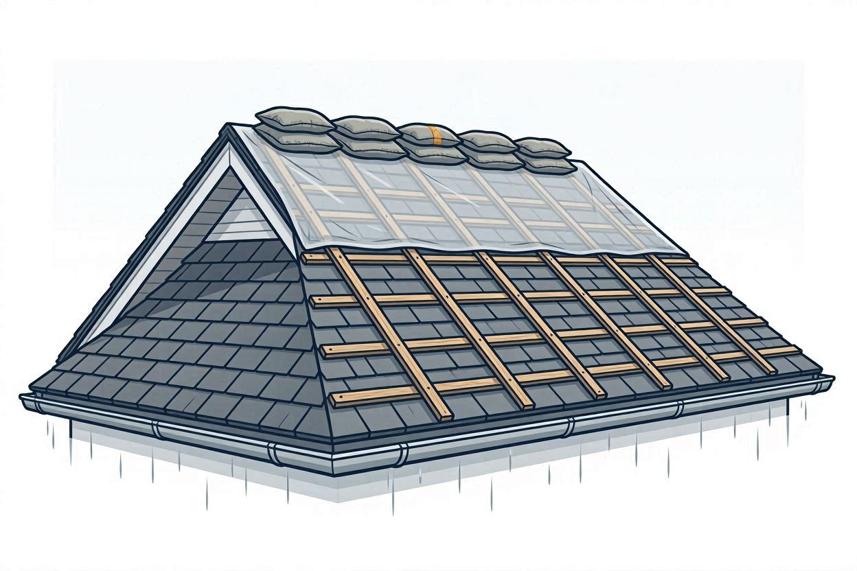 Emergency roof tarp secured with sandbags and furring strips run straight down-slope so rainwater sheds off and is never dammed