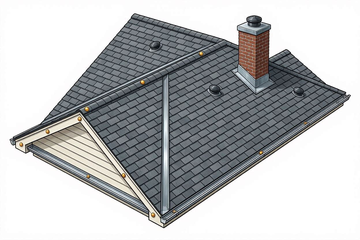 Roof inspection points &mdash; ridge, valley, chimney flashing, vents, gutters, soffit and drip edge