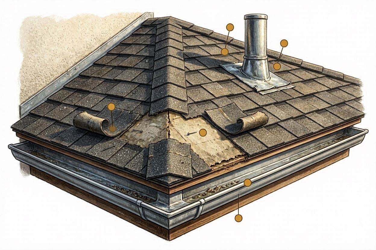 Common roof repair warning signs &mdash; missing shingles, loose flashing, vent-pipe flashing and gutter granules
