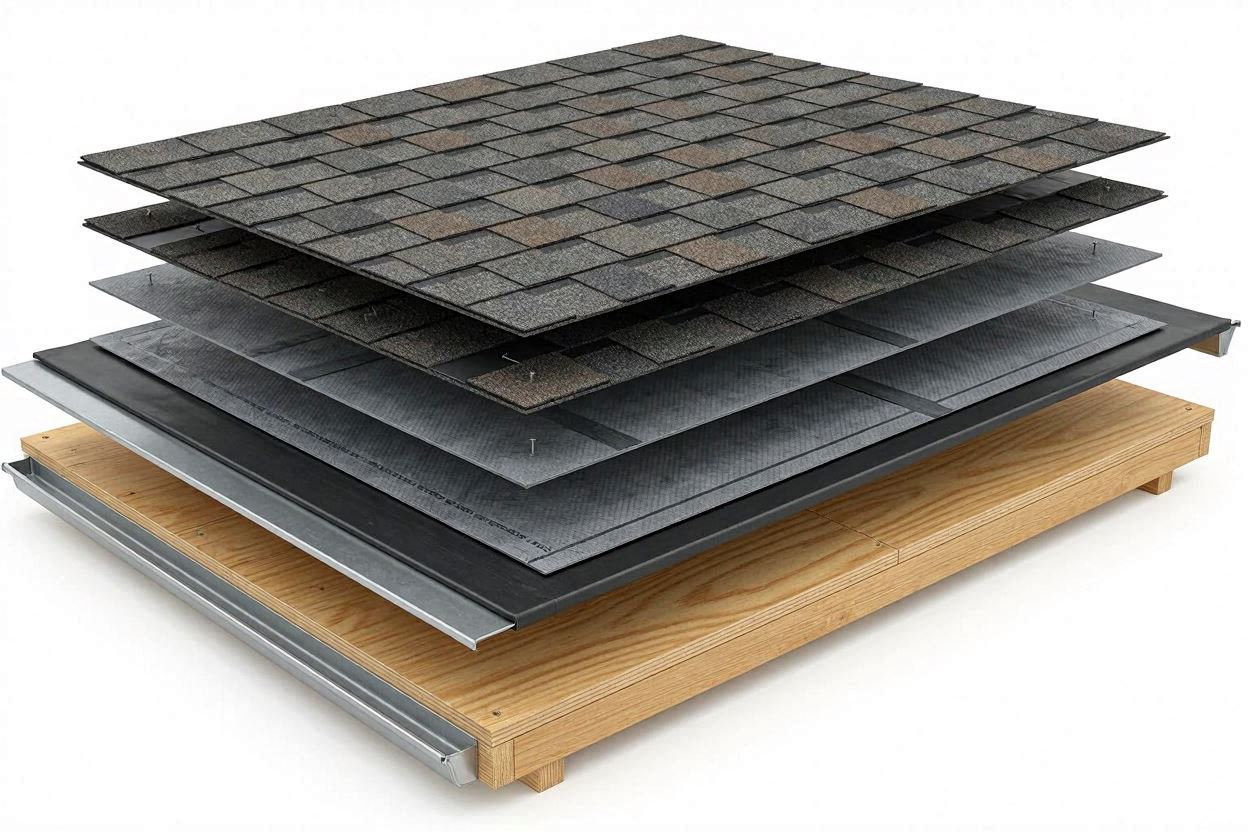 Exploded view of a complete roof replacement system — hip & ridge cap, architectural shingles, starter, underlayment, ice & water barrier, decking and drip edge