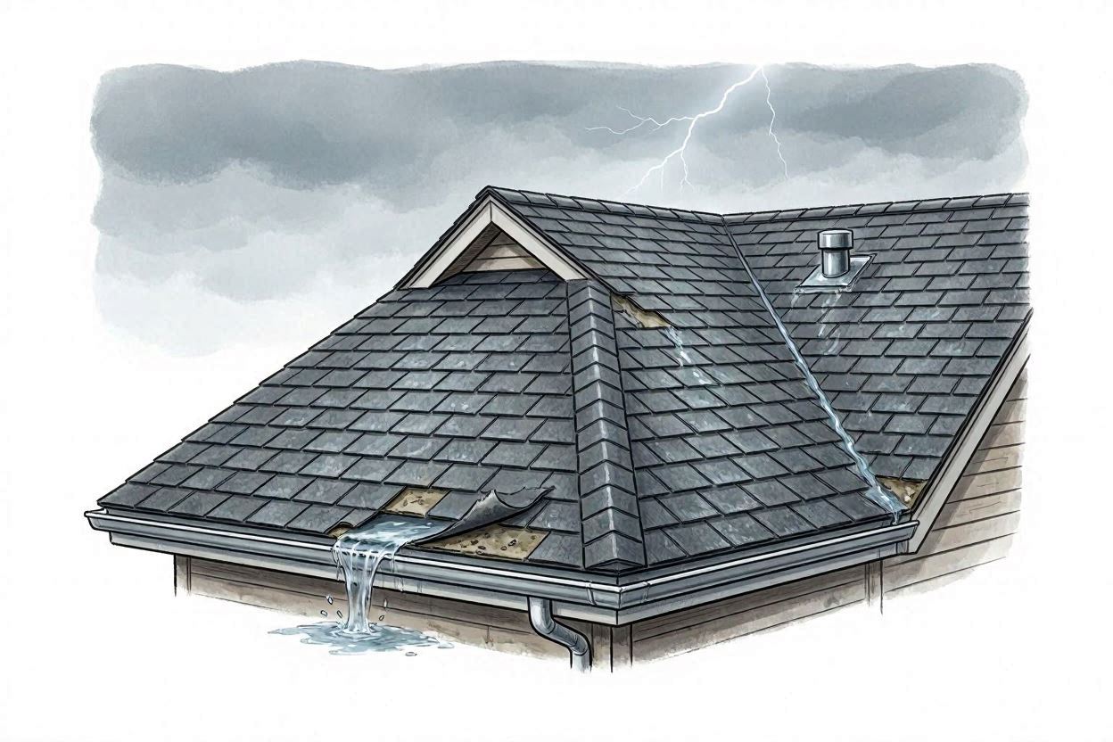 Storm roof damage — wind-lifted shingles, valley water path, flashing risk and overflowing gutter